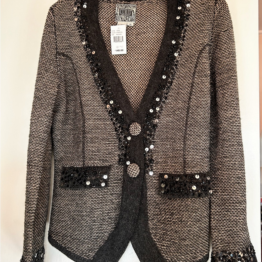 CURIO dressy knit jacket with sequins New without tags, Charcoal color, Medium